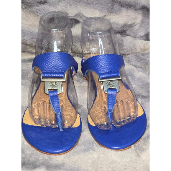 Brooks Brothers Womens Royal Blue Pebbled Leather T-Strap Thong Sandals Size 7 - Picture 2 of 6